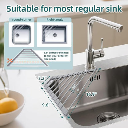 Ohuhu Triangle Roll Up Dish Drying Rack, Silicone Wrapped Steel Anti-Slip Sink Corner Rack Caddy Multipurpose Strainer for Kitchen Sink Trivet Space-Saving
