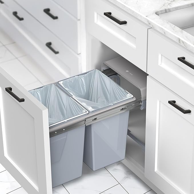 Life Finds 40L Under Counter Pull-Out Dual Trash Can System, Double Recycling Trash Can with Lid for Cabinet, Sliding Kitchen Waste Bin, Gray, LF-POTC2