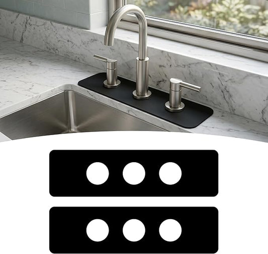 2PCS Faucet Mat for Bathroom Sink 3 Holes: 18’’Lx5.5’’W Splash Guard Fits 8 Inch Widespread Faucet for Vanity & Farmhouse Bridge Kitchen Faucet - Trimmable Drip Catcher for Irregular Sink, Black