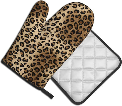 Leopard Print Oven Mitts - Brown Oven Mitts and Pot Holders Sets of 2 Animal Print Kitchen Mitts Hot Pads for Baking Grilling