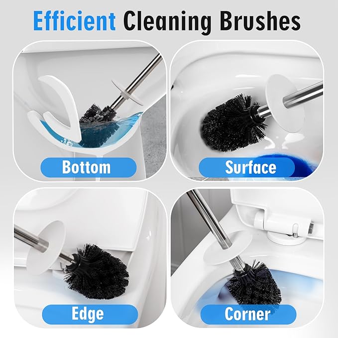 Matt White Ceramic Toilet Brush and Holder Set, Freestanding Toilet Bowl Cleaners Brush, Scrubber Brush for Toilet, Bathroom Accessories with Stainless Handle, Deep Cleaning