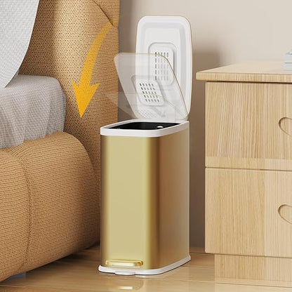 KdbK Champagne Gold Bathroom Trash Can with Lid Soft Close,1.6 Gallon Slim Garbage can,Small Metal Step Wastebasket for Office, Bedroom, Toilet, Live Room