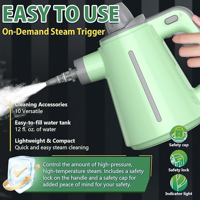 Steam Cleaner for Home, 1050W Pressurized Handheld Steam Cleaner for Deep Cleaning, Powerful Grease Removal, Chemical Free Steamer for Cleaning with Safety Lock & 10 Tools for Kitchen Bathroom (Green)