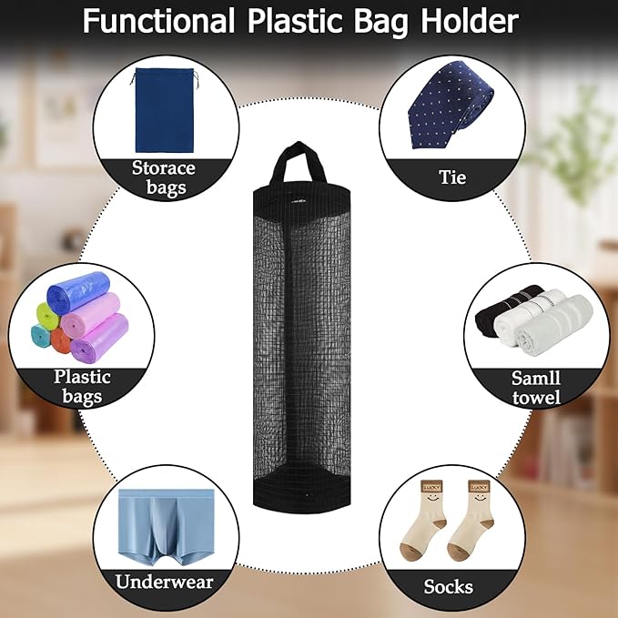 ZUFECY 2Pc Grocery Bag Holder, Trash Bags Dispenser Organizer, Breathable Mesh Bags Black Hanging Storage Dispenser