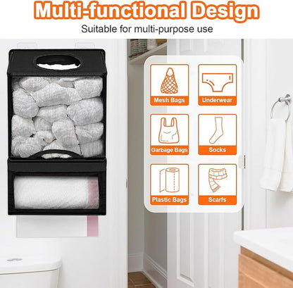 Plastic Bag Holder for Grocery Bags - Large Wall Mount Grocery Bag Holder with Dispenser for Kitchen, Oxford Cloth 2-in-1 Space-saving Plastic Bags Organizer, Black