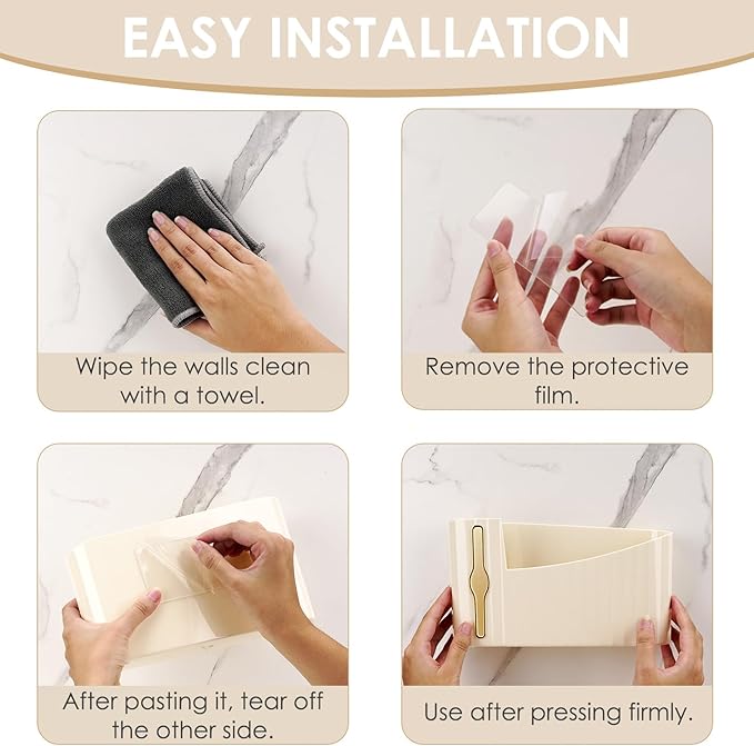 Wall Mount Trash Bag Dispenser, Plastic Grocery Holder for Kitchen Cabinet, Adhesive Garbage Organizer with Divider & Gold Slot, No Drill Storage Box (Beige)
