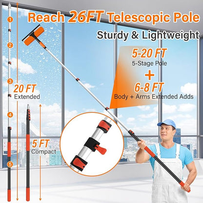 26FT High Reach Duster Cleaning Kit with 5-20 FT Extension Pole,High Ceiling Dusting and Window Cleaning Kit with Microfiber Feather Duster,Cobweb Duster,Ceiling Fan Duster,Window Squeegee Cleaner