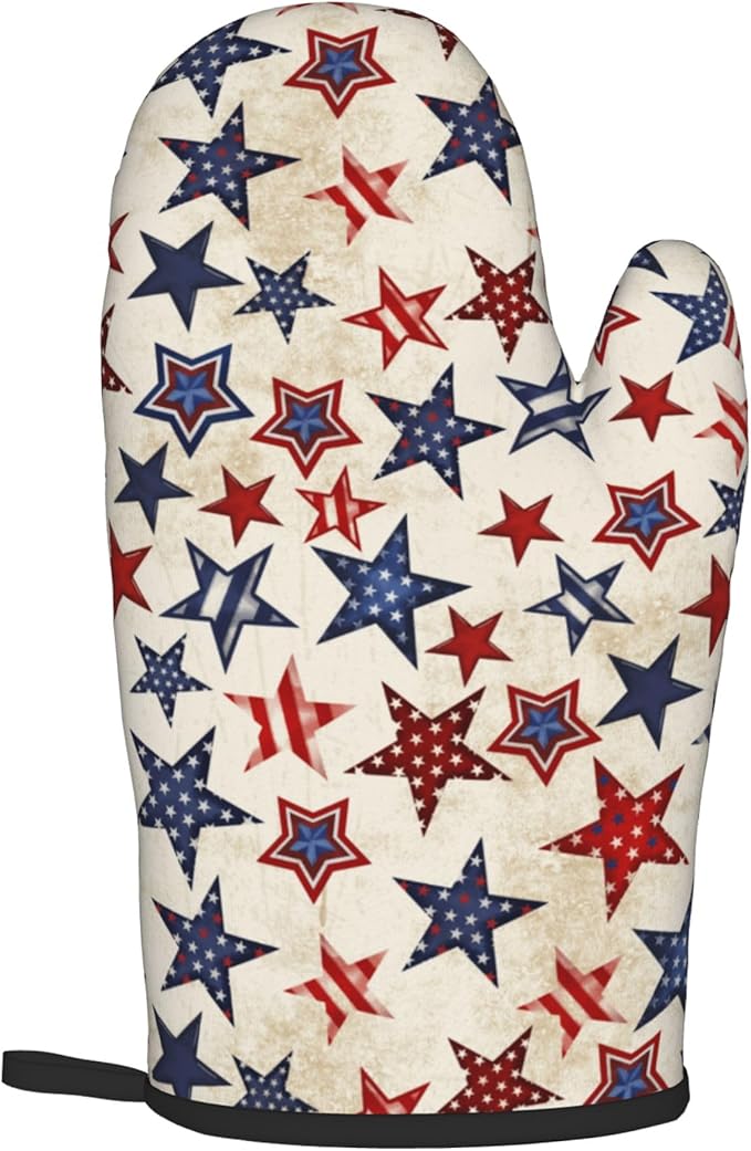 Patriotic Stars Oven Mitts - 4th of July Kitchen Mitts Pot Holders Sets of 2 Red White and Blue Hot Mitts Independence Memorial Day Hot Pads for Cooking Baking Grilling