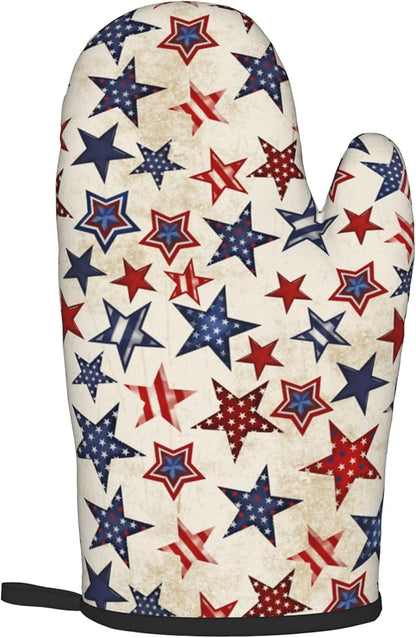 Patriotic Stars Oven Mitts - 4th of July Kitchen Mitts Pot Holders Sets of 2 Red White and Blue Hot Mitts Independence Memorial Day Hot Pads for Cooking Baking Grilling