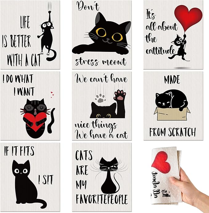 Funtery 8 Pcs Black Cat Swedish Kitchen Dishcloths Reusable Swedish Absorbent Sponge Cloths Washable Kitchen Dish Towel Quick Drying Decorative for Animal Lover Gifts for Women Hand Towel