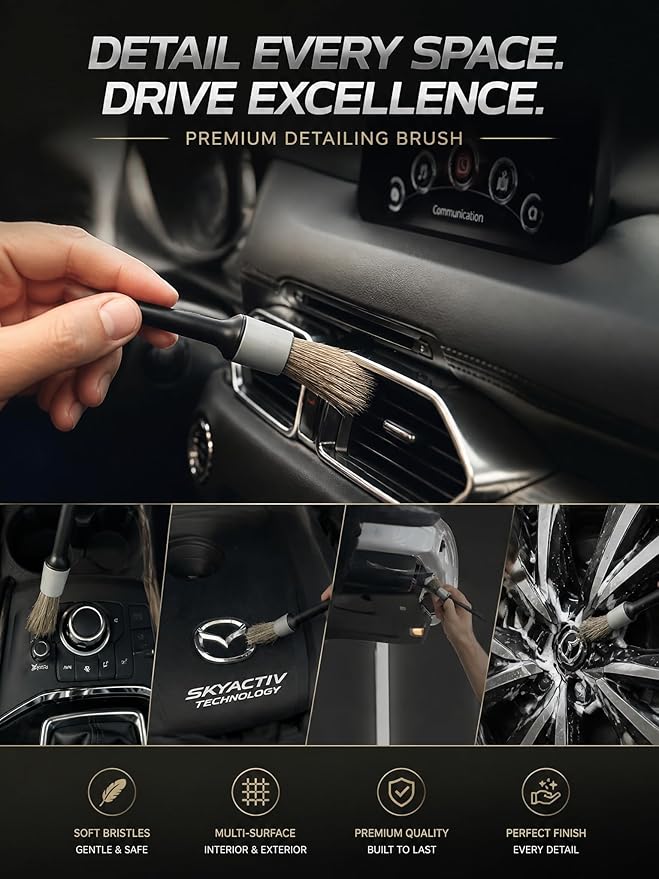 TAKAVU Complete Car Detailing Brush Kit (10 Piece) - Boar Hair Detail, Wire & Vent Brushes with Microfiber Towel for Wheels, Interior, Engine Bay Cleaning