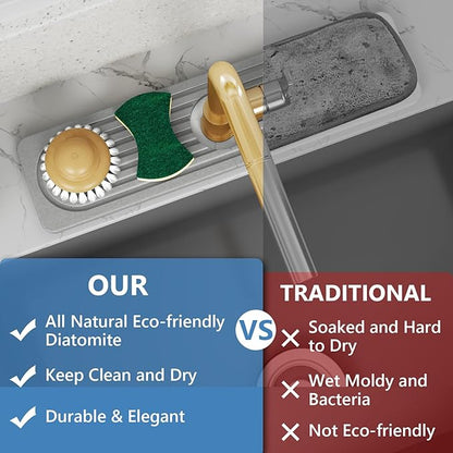 24'' Longer Stone Faucet Mat for Kitchen Sink [Super Absorbent, 30s Quick Drying] Water Absorbing Stone Tray for Sink Stone Mat for Kitchen Sink Stone Quick Dry Around Faucet Diatomite Stone Sink Tray