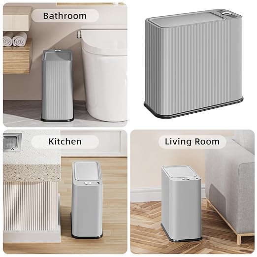 SUBEKYU Bathroom Trash Can with lid,3.5 Gal Small Kitchen Garbage Can,Plastic Office Waste Bin,Slim Wastebasket for Narrow Space,Gray
