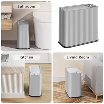 SUBEKYU Bathroom Trash Can with lid,3.5 Gal Small Kitchen Garbage Can,Plastic Office Waste Bin,Slim Wastebasket for Narrow Space,Gray