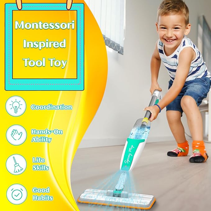 Kids Spray Mop with Refillable Microfiber Pads, and Cleaning Brush, Kids Cleaning Set for Ages 3+, Designed with Smaller Hands in Mind