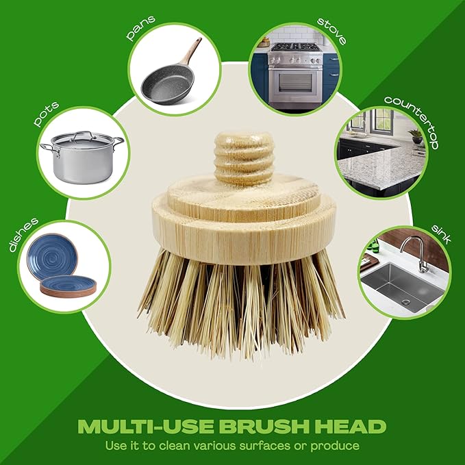 JuneLily Sisal & Coconut Dish Brush Heads Plant-Based Replacement for Washing Dishes Kitchen Bathroom (Coconut Brush Head)