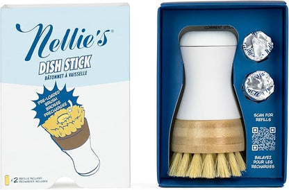 Nellie's Dish Stick + 2 Refills – Dish Soap Dispenser & Scrubber in One – Includes Refillable Soap – Built-In Brush – Twist-Up Design – Reusable, Planet-Conscious, Mess-Free Cleaning (Made in Canada)