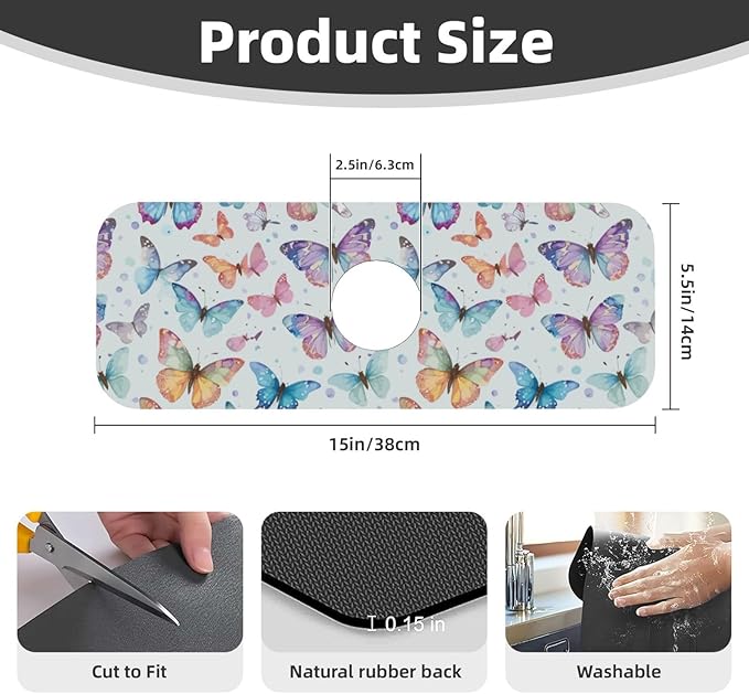 Butterfly Butterflies Kitchen Sink Splash Guard Faucet Mat Super Absorbent Fast Drying Mat Sink Gadgets-Fast Drying Pad Sink Mat For Kitchen Bathroom (15" X 5.5" )