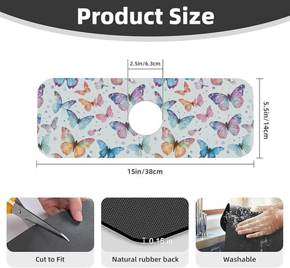 Butterfly Butterflies Kitchen Sink Splash Guard Faucet Mat Super Absorbent Fast Drying Mat Sink Gadgets-Fast Drying Pad Sink Mat For Kitchen Bathroom (15" X 5.5" )