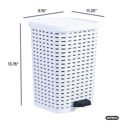 Superio Small Outdoor Trash Can with Lid for Dog Poop 3 Gallon/12 L Mini Plastic Garbage Can with Foot Pedal for Bathroom, Bedroom, Office, Patio, Wicker White