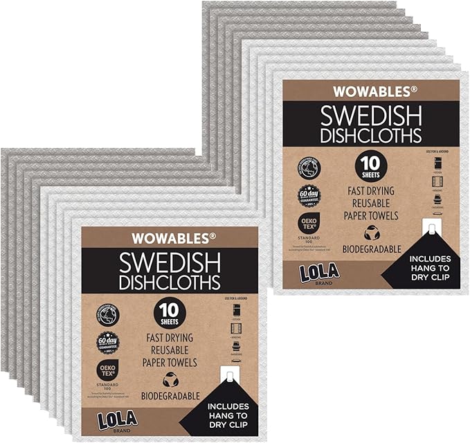 LOLA Swedish Dishcloths for Kitchen 20 Sheets, Biodegradable & Compostable Reusable Paper Towel Cleaning Cloths No Odor Washing Dishes Ultra Absorbent Cellulose Sponge Towel Made in Germany