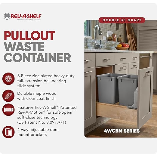 Rev-A-Shelf 35 Qt Bottom Mount Double Pullout Under Cabinet Kitchen Trash Cans w/Soft-Close for Base Cabinets, 150 Pound Rated Full-Extension Slides, Min Opening Width of 14.5", Gray, 4WCBM-18DM-2