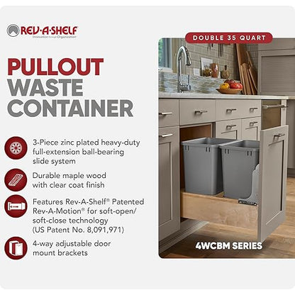 Rev-A-Shelf 35 Qt Bottom Mount Double Pullout Under Cabinet Kitchen Trash Cans w/Soft-Close for Base Cabinets, 150 Pound Rated Full-Extension Slides, Min Opening Width of 14.5", Gray, 4WCBM-18DM-2