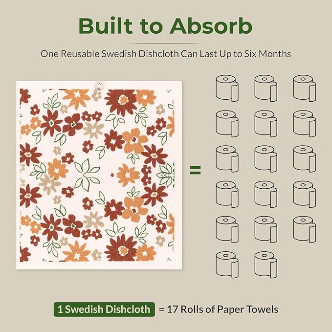 Swedish Dishcloths, 8-Pack Plant-Based Cellulose, 6.7x7.5 Inch, Super Absorbent, Rust, Green, Burgundy, Machine Washable