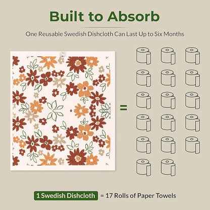 Swedish Dishcloths, 8-Pack Plant-Based Cellulose, 6.7x7.5 Inch, Super Absorbent, Rust, Green, Burgundy, Machine Washable
