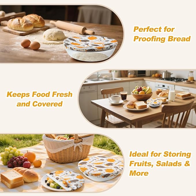 4PCS Reusable Beeswax Bowl Covers for Bread Proofing, Washable Sourdough Proofing Covers, Elastic Cotton Dish Domes for Food Storage