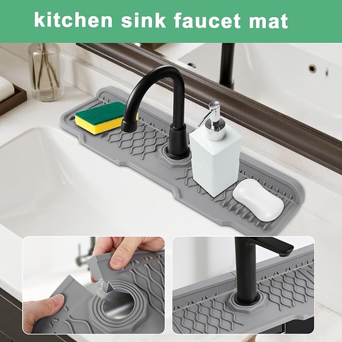 17 Inch Faucet Mat For Kitchen Sink Splash Guard Behind Faucet, ，5°Slope Fast Draining Silicone Mat , Dish Soap Sponge Holder for Bathroom Sink kitchen sink organizer (Grey, 17" x 6")