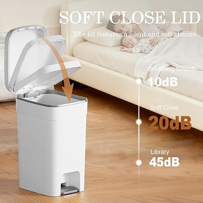 JiatuA Small Bathroom Trash Can with Lid Soft Close, 4 Gallon Step Garbage Can Slim Trash Bin Wastebasket for Kitchen Bedroom Office Living Room Toilet College Dorm, White