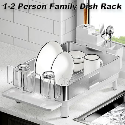 Ewaiira Dish Drying Rack, 304 Stainless Steel Dish Racks for Kitchen Counter, Dish Drainers with Automatic Drainage, Utensil Holder & Cups Holder, Space Saving Kitchen Organizer, White