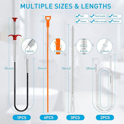 Drain Snake 12 Set: 25inch Snake Drain Hair Removal Tool(1PCS), 59inch Cleaning Brush(2PCs), 25inch Drain Clog Remover(6PCS), 18inch Sink Drain Brush(3PCS) For Bath Tub, Toilet, Kitchen Sink, Sewer