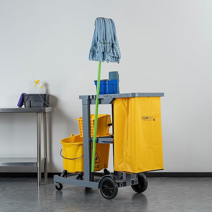 Restaurantware-Clean Tek Professional Janitor Cart with Wheels, 1 Cleaning Trolley with 18 Gallon Bag - 3 Shelves, Heavy-Duty, Gray Plastic Commercial Janitorial Cart, for Restaurants