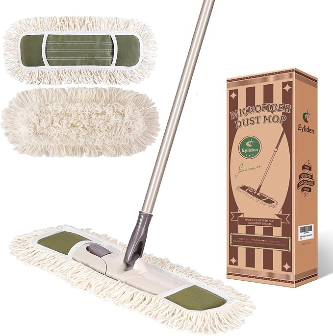 Eyliden Dust Mop with 2 Washable Pads for Hardwood & Tile Floors | 32.9"-52.6" Adjustable Handle, 360° Swivel, One-Touch Pad Release | Wet Dry Floor Cleaning Push Broom