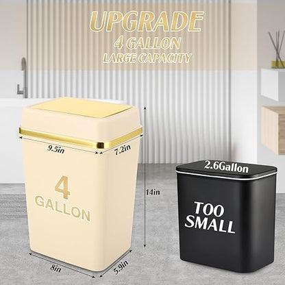 Bathroom Trash Can with Lid 4 Gallon Trash Can with Swing Lid Beige Small Garbage Can Bathroom Garbage Can with 300 Counts Trash Bags for Kitchen Bedroom Office