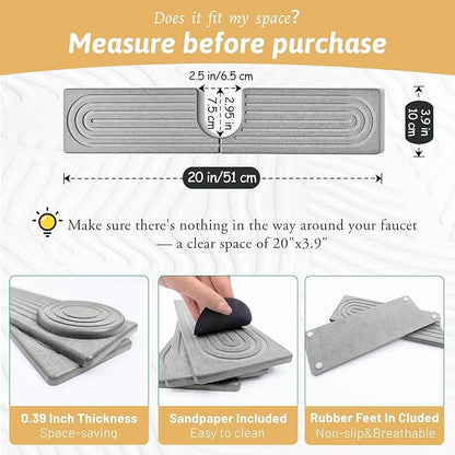 Stone Faucet Mat For Kitchen Sink, 20" Diatomite Fast Drying Stone Kitchen Sink Mat, Super Absorbent, Sink Stone Quick Dry Around Faucet, Stone Sink Splash Guard For Bathroom, Zen Gift, Light Grey