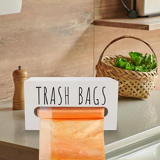 Trash Bag Dispenser, Wall Mount Trash Bags Holder Dispenser with Lid Wooden Kitchen Trash Bag Roll Organizer Plastic Garbage Bag Storage for Cabinet. (White)