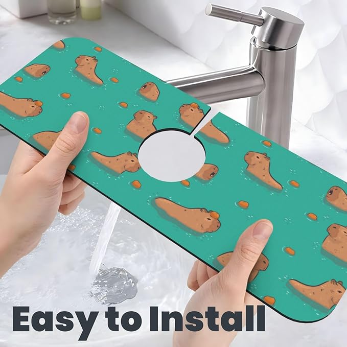 Cute Capybara Play Eat Food Kitchen Sink Splash Guard Faucet Mat Super Absorbent Fast Drying Mat Sink Gadgets-Fast Drying Pad Sink Mat For Kitchen Bathroom (15" X 5.5" )