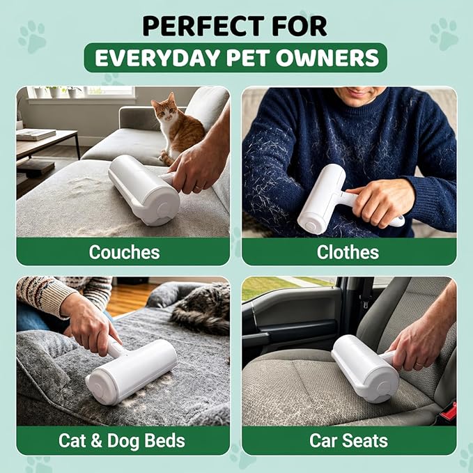 Pet Hair Remover Roller with 2 Grooming Gloves – Reusable Lint Remover for Dogs and Cats (Green)