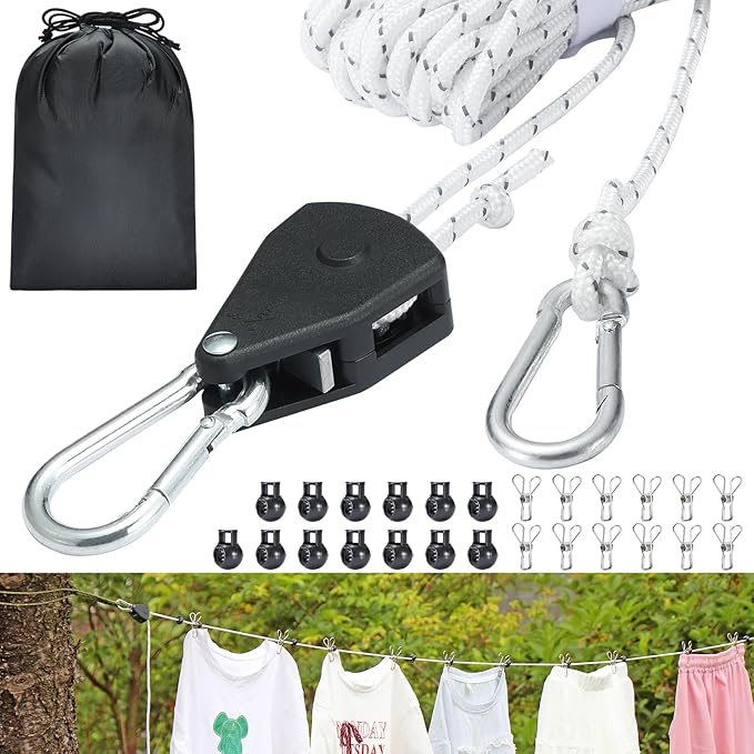 Retractable Travel Clothesline, 19FT Adjustable Heavy-Duty Line with Reflective Pulley System, Stainless Hooks & Clips – Portable for Camping, Cruise, Hotel, Balcony & Outdoor Laundry (Black)