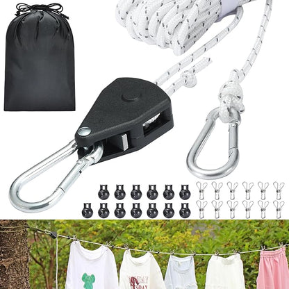 Retractable Travel Clothesline, 19FT Adjustable Heavy-Duty Line with Reflective Pulley System, Stainless Hooks & Clips – Portable for Camping, Cruise, Hotel, Balcony & Outdoor Laundry (Black)