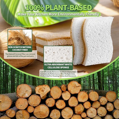 Sponges Kitchen Natural Dish Sponge Plant-Based Biodegradable Compostable Cellulose with Coconut Scrubber Sponge Non Scratch Eco Friendly Kitchen sponges for Kitchen Dishes（Pack of 12）