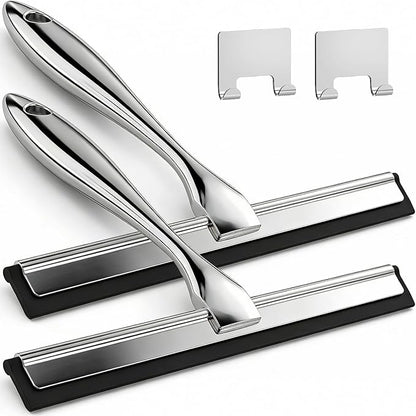 ALFLOD 2PACK All-Purpose Shower Squeegee for Shower Doors, Tile Shower Walls, Bathroom, Window, Glass and Car Windshield, Mirrors and Kitchen-Stainless Steel, 9.9-Inch, Silver
