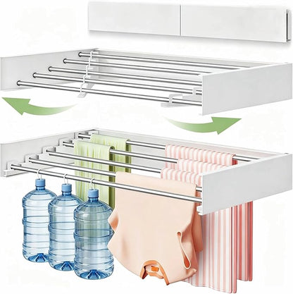 Wall-mounted folding clothes drying rack, 32" wide, 5 stainless steel rods, space-saving hidden laundry room drying rack, foldable wall-mounted, mountable drying racks with installation template