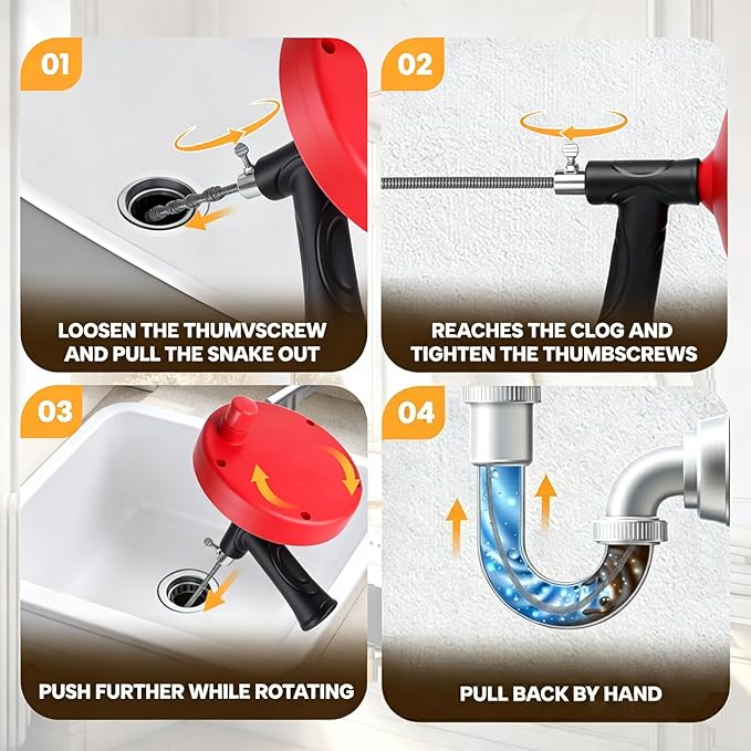Drain Auger 33 ft, Plumbing Snake Hair Clog Remover Drain Snake Flexible Grabber Heavy Duty Sink Cleaner Tools for Shower Bathtub Bathroom Kitchen Pipe, Red