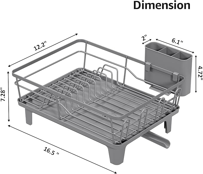 Urackify Dish Drying Rack for Kitchen Counter, Sink Dish Rack with Drainboard 12.2" W x 16.5" L, Large Dish Drainer with Cutlery Holder, Home Countertop Plate Dryer Storage Rack, Gray