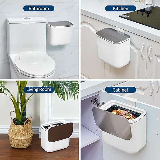 1.8 Gallon Kitchen Compost Bin for Counter Top or Under Sink, Hanging Small Trash Can with Lid for Cupboard/Bathroom/Bedroom/Office/Camping, Mountable Indoor Compost Bucket - White