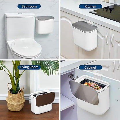1.8 Gallon Kitchen Compost Bin for Counter Top or Under Sink, Hanging Small Trash Can with Lid for Cupboard/Bathroom/Bedroom/Office/Camping, Mountable Indoor Compost Bucket - White